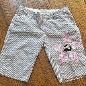 Vintage American Eagle Outfitters Blue Striped Shorts with Pink Floral Patch